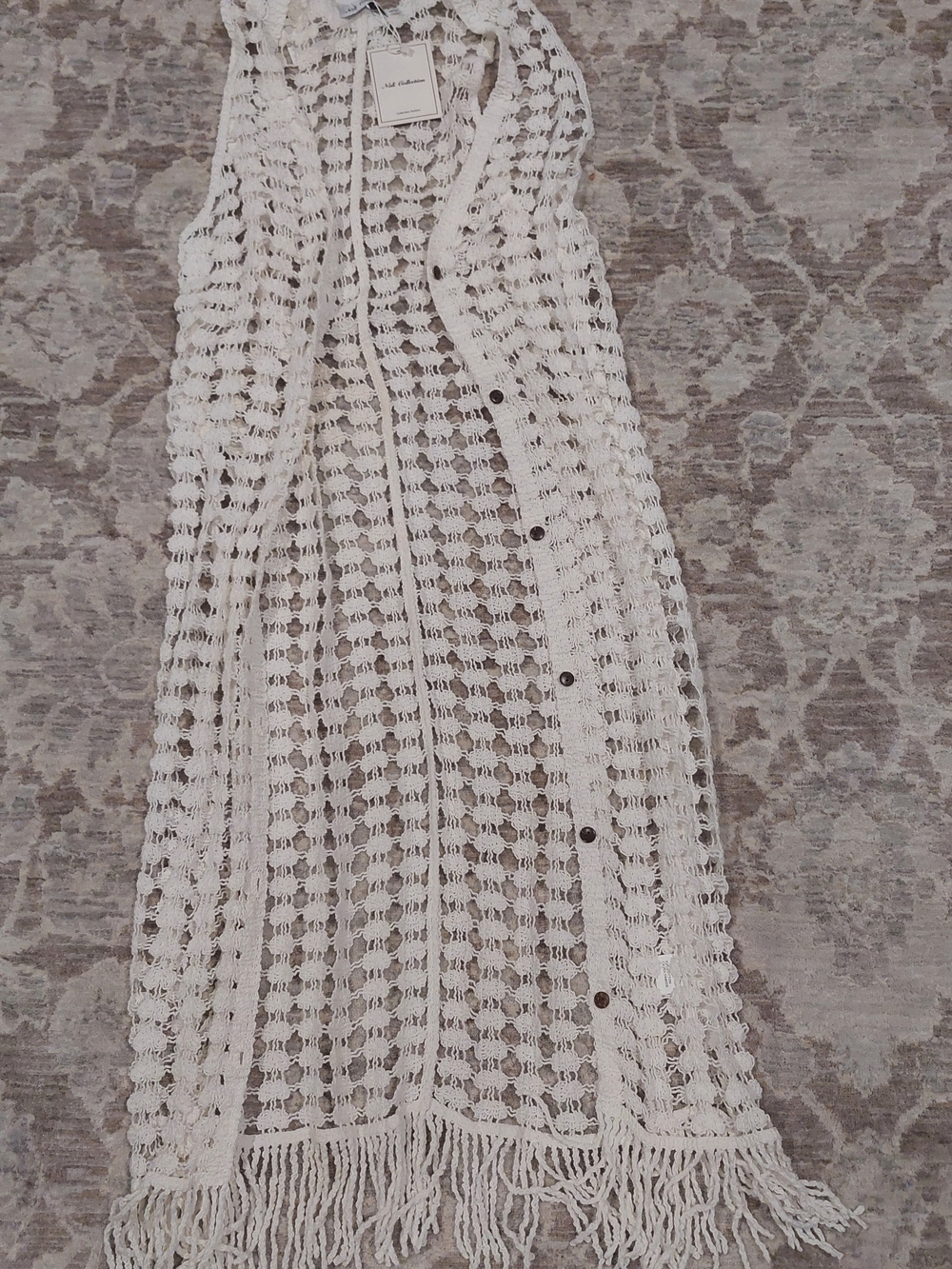 Nali Collection White Crochet Fringe Maxi Cape